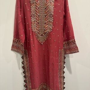 & Other Stories Red Embroidered Long Sleeve Dress